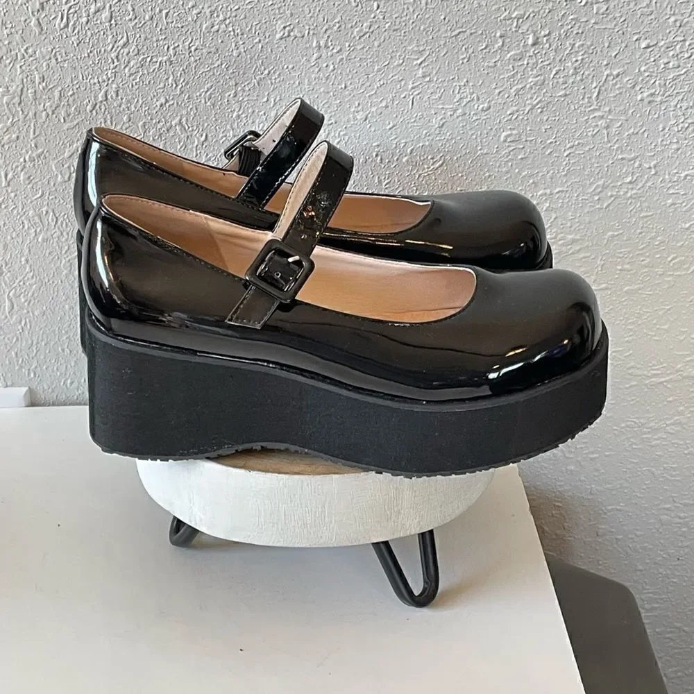 NWOT Unbranded Womens Shinny Black College Wedge Platform Mary Jane Shoe Size 46